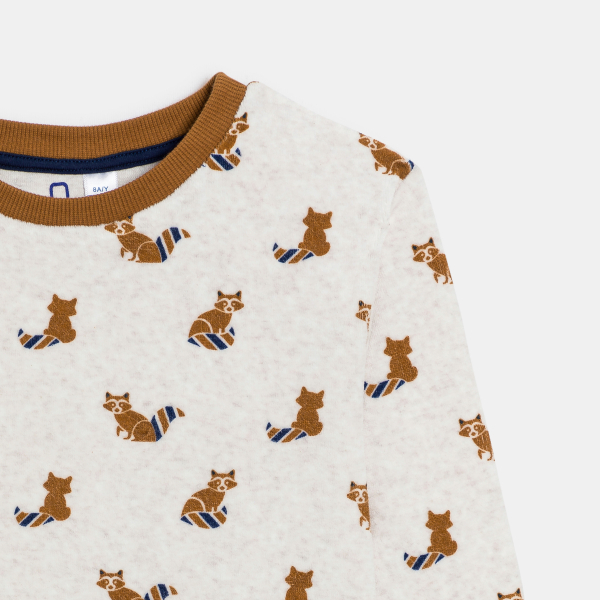 بيجاما قطعتان من القطيفة للأولاد ومنقوش عليها، فراء الراكون، اللون بيج